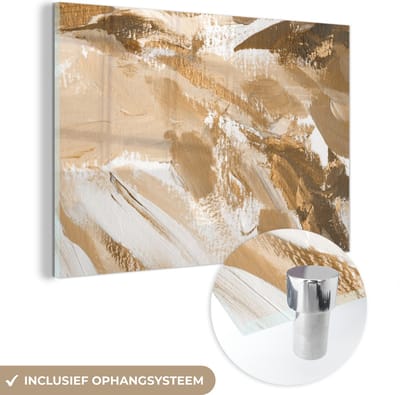 MuchoWow® Glasschilderij 60x40 cm - Schilderij acrylglas - Goud - Beige - Abstract - Foto op glas - Schilderijen