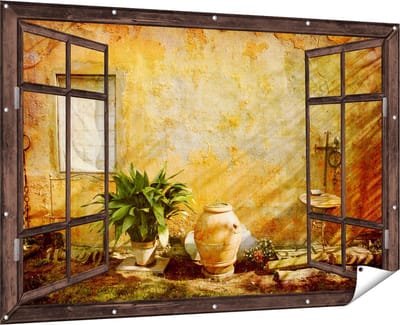 Gards Tuinposter Doorkijk Oude Stenen Muur - 180x120 cm - Tuindoek - Tuindecoratie - Wanddecoratie buiten - Tuinschilderij