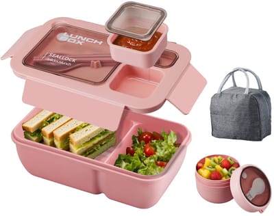Bento Box - Bento Box Set met Bestek - Lunchtas - Lunchbox - Lekvrije Voedselcontainer met Compartimenten - Kinderlunchbox, School, Kantoor, Picknick - Roze