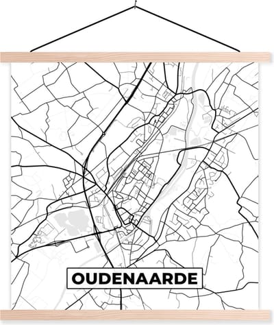 Posterhanger incl. Poster 40x40 cm - Schoolplaat - Plattegrond – Oudenaarde – Zwart Wit – Stadskaart - Kaart - België - Textielposter - Blanke latten - Stadskaart