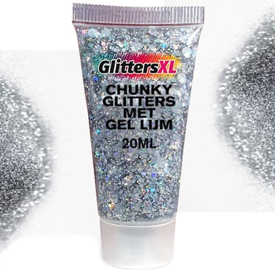 Chunky Glitters met Gel Lijm Tube (Zilver) [Volume 20ML - Festival Jewels Glitter Outfit Lichaam en Gezicht - Make-up Diamond Dots Face Body - Diamantjes Strass Steentjes - Kinderen Volwassenen Dames Makeup Tattoo Mastix Schmink - Glitter Tattoo Set]