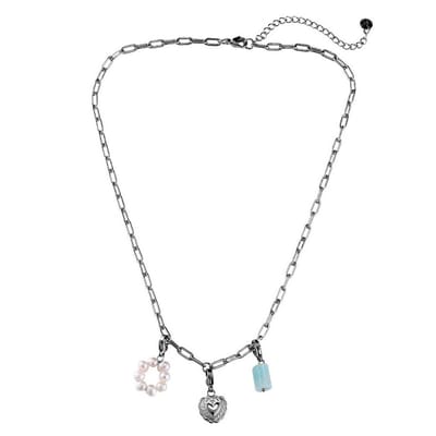 Paperclip Ketting Dames - RVS Wit Gold Plated - Dottillove Schakelketting - Natuursteen - Zoetwaterparels - Hart Hanger