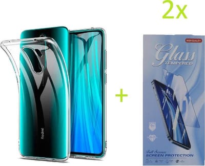Telefoonhoesje Geschikt voor: Xiaomi Redmi 9 Hoesje Transparant TPU Silicone Soft Case + 2X Tempered Glass Screenprotector