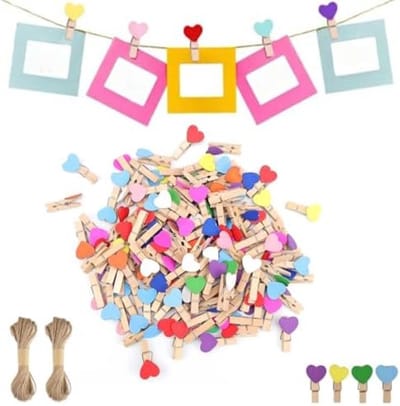 PromoHome Fotoklemmen Set van 130 Stuks - Kleurrijke Houten Fotoclips met Hartvormig Ontwerp en Koord - Mini Knijpers voor Foto's, Verjaardagskaarten en Creatieve Decoratie
