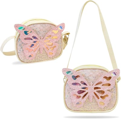 Schitterende schoudertas voor meisjes met vlinder en pailletten, verstelbare schouderriem, kleine handtas voor kinderen van 5-12 jaar, 16.5 x 4 x 14.5 cm, ideaal voor feesten en dagelijks gebruik