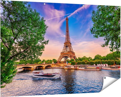 Gards Tuinposter Eiffeltoren in Parijs aan het Water - Kleur - 150x100 cm - Tuindoek - Tuindecoratie - Wanddecoratie buiten - Tuinschilderij
