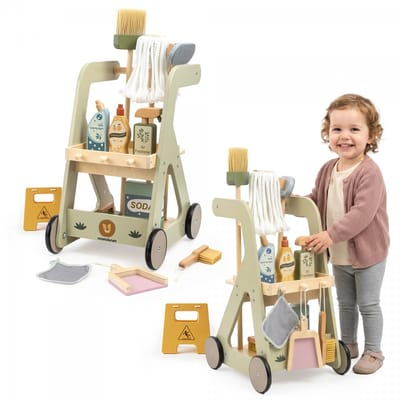 Mamabrum Houten Schoonmaakwagen voor Kinderen – Speelgoed Schoonmaakset met 12 Accessoires
