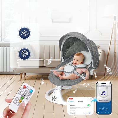 Baby Wipstoel met Bluetooth Muziek en Afstandsbediening – 5 Snelheden, 3 Zitposities & Timer – Elektrische Babyschommel - Grijs