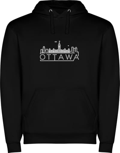 Zwarte unisex hoodie met “ Skyline Ottawa Canada – Vakantiegevoel – Strak – Modern “ Print Full Color Color merk Roly maat S
