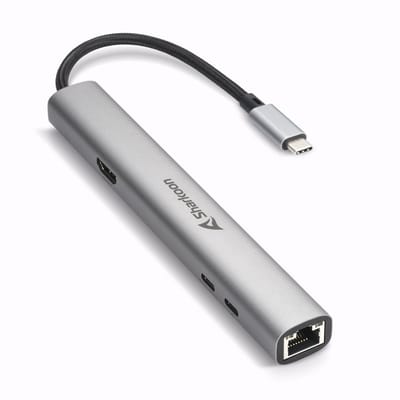 Sharkoon OfficePal Combo Adapter - Dockingstation 1x USB 3.2 Gen 2x1 Type-A - 1x USB 3.2 Gen 2x1 Type-A met BC 1.2 - 1x USB 3.2 Gen 2x1 Type-C met BC 1.2 - 1x HDMI (4K 60Hz) - 1x RJ45 - 1x USB-C met Power Delivery