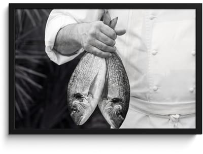 Poster in lijst - Fotolijst 60x40 cm - Posters - Vissen - Chef - Zwart - Wit - Posterlijst zwart - Decoratie - Wanddecoratie woonkamer - Muurdecoratie slaapkamer