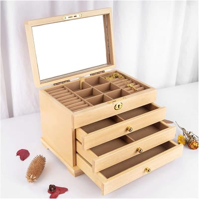 Sieradendoos Houten - Juwelendoos Organizer - Sieraden Opbergen - 4-Laags Afsluitbaar - Met Spiegel - Houtkleur