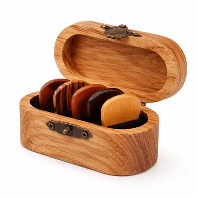 Daity 1 set - Gitaarplectrums van natuurlijk hout (5-delige set in doos) Massief houten plectrums voor folk- en akoestische gitaren; Cadeauset met accessoires voor elektrische gitaar, inclusief display en opbergdoosje; Voorzien van antislipgroeven.