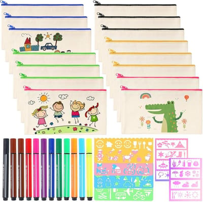 SnelShoppen - DIY Stof Pennen Etui, Canvas Pennen Etui voor Schilderen, Koffer voor Tekenen, 12 Kleurpotloden, 12 DIY Schilder Templates, Lege Stof Ta