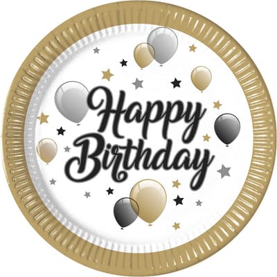 Vegaoo - 8 Happy birthday papieren bordjes goud zwart zilver 23 cm
