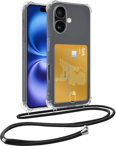 Hoesje Geschikt voor iPhone 16 Hoesje Met Telefoonkoord en Pasjeshouder Siliconen - Hoes Geschikt voor iPhone 16 Hoesje Met Kaarthouder Shock Proof Case - Transparant