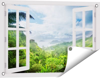 Gards Tuinposter Doorkijk Jungle Uitzicht op de Seychellen - 60x40 cm - Tuindoek - Tuindecoratie - Wanddecoratie buiten - Tuinschilderij