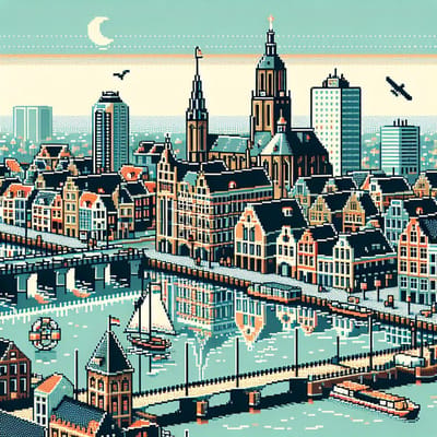 Pixel art groningen schilderij | Groningse stadsgezichten tot leven gebracht in prachtige pixelkunstwerk | Kunst - 100x100 centimeter op Dibond | Foto op Dibond