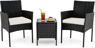 KOMFOTTEU 3-delige Tuinmeubelset, balkonmeubelset, PP-rotan met afneembare kussens, loungeset met 2 stoelen en tafel, zitgroep voor tuin, terras, balkon, binnenplaats