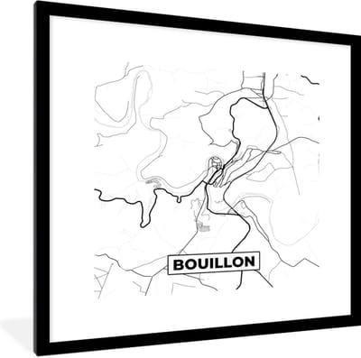 Fotolijst incl. Poster Zwart Wit- België – Bouillon – Stadskaart – Kaart – Zwart Wit – Plattegrond - 40x40 cm - Posterlijst