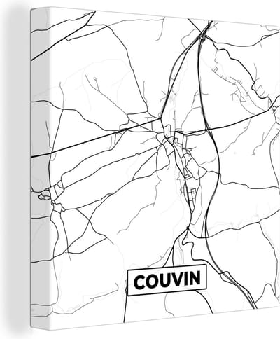 Canvas Schilderij Plattegrond – Couvin – Zwart Wit – Stadskaart - België - Kaart - 20x20 cm - Wanddecoratie