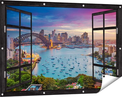Gards Tuinposter Doorkijk Sydney Harbour Bridge in de Avond - 120x80 cm - Tuindoek - Tuindecoratie - Wanddecoratie buiten - Tuinschilderij