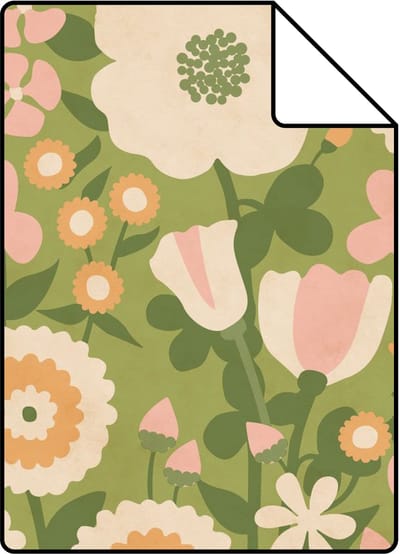 Proefstaal ESTAhome behang retro bloemen groen, roze en oranje - 26.5 x 21 cm - 132160-S