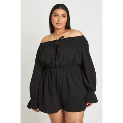 boohoo Dames Plus Melkmeid Playsuit Met Strikdetail Vooraan | Zwart | Maat: 44