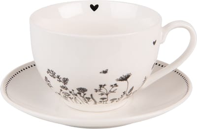 Clayre & Eef Kop en Schotel 200 ml Beige Zwart Porselein Bloemen