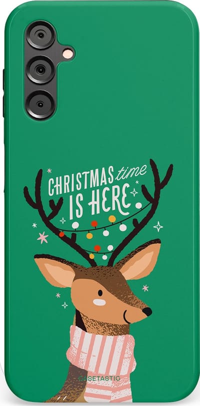 Casetastic hoesje geschikt voor Samsung Galaxy A14 (2023) 5G / Samsung Galaxy A14 (2023) 4G - Dubbellaagse bescherming - Rudolf het Rendier op het groen - Fashion Case - Turquoise Perzik Donkergroen