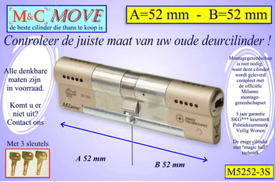 M&C MOVE - High-tech security deurcilinder - SKG*** - 52x52 mm - Politiekeurmerk Veilig Wonen - inclusief gereedschap MilaNNE montageset