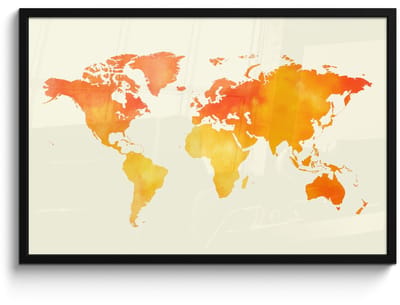Poster in lijst - Fotolijst 90x60 cm - Posters - Wereldkaart - Oranje - Kleurrijk - Posterlijst zwart - Decoratie - Wanddecoratie woonkamer - Muurdecoratie slaapkamer