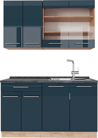 Vicco Fame-Line Enkele keuken – 140 cm, WB Antraciet Donkerblauw hoogglans/gouden eik