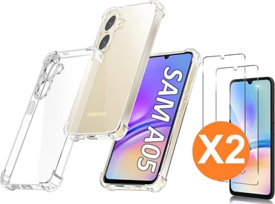 Hoesje Geschikt voor Samsung Galaxy A05 hoesje transparant Anti Shock silicone hoesje met 2 Pack Screenprotector tempered glass