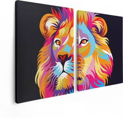 Artaza Canvas Schilderij Tweeluik Gekleurde Leeuw - Leeuwenkop - Abstract - 120x80 - Foto Op Canvas - Canvas Print
