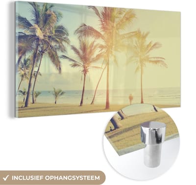 MuchoWow® Glasschilderij 40x20 cm - Schilderij acrylglas - Zee - Palmboom - Zomer - Zon - Strand - Foto op glas - Schilderijen