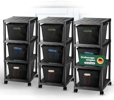 Novaliv set van 3 rolwagens 4 niveaus met rotan mand zwart, badkamerplank badkamerplank badkamer keuken opbergwagen zijwagen universele wagen schoonmaakwagen opbergwagen schuifkast opbergorganizer