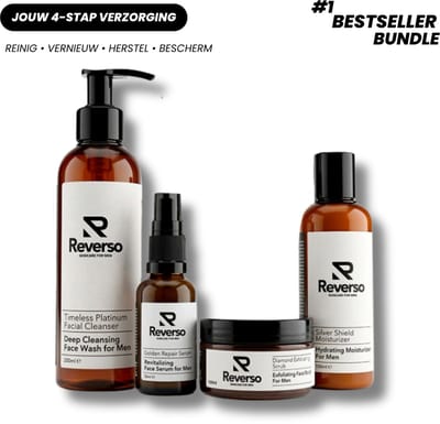 Reverso Skincare Set Mannen – Complete Gezichtsverzorging – 4 Producten – Plantaardig & Verfrissend – Cleanser, Scrub, Serum & Moisturizer