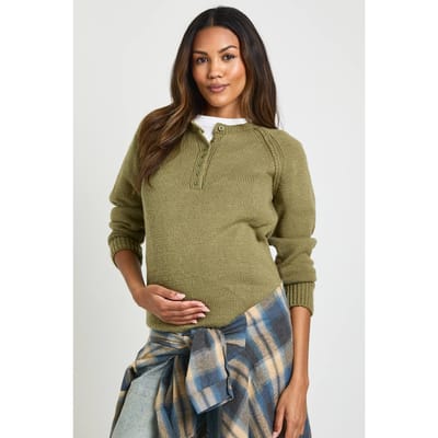 boohoo Dames Zwangerschaps Henley Gebreide Trui met Knopen | Kaki | Maat: XL