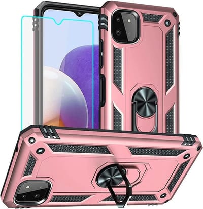 Hoesje Geschikt Voor Samsung Galaxy A22 Hoesje Anti-Shock Hybrid Armor hoesje Rose Goud - Hoesje Geschikt Voor Samsung Galaxy A22 5G kickstand Ring houder TPU backcover hoesje - met screenprotector Galaxy A22 5G - 2 pack