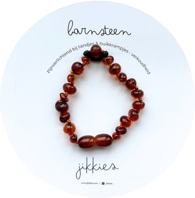 Jikkies Barnsteen Armband - Baby Armbandje - Natuurlijk Baltisch Barnsteen - Pijnstillend tegen doorkomende tandjes - Donker Cognac - 14CM