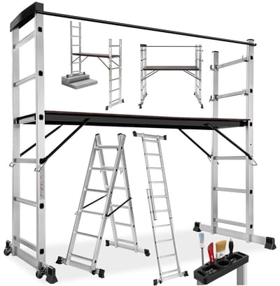 tectake® 4-in-1 Multifunctionele Ladder - Steiger - Huishoudtrap - Telescopische Ladder - Stelling Trap - Aluminium Rolsteiger met Platform en Wielen - Antislip en Stabiel - Draagvermogen tot 150 kg