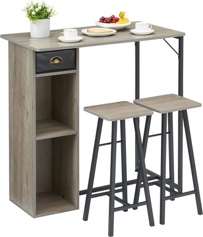 Jently eettafel - eettafel met stoelen - met barkrukken - met 3 daagse plank - met opbergruimte - grijs