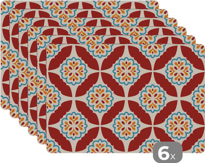 Placemat - Placemats kunststof - Bloemen - Tegel - Patroon - 45x30 cm - 6 stuks - Hittebestendig - Anti-Slip - Onderlegger - Afneembaar