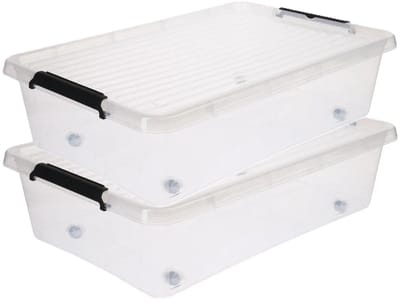 5Five opberg kist met deksel - 2x - Clip Box - 29 liter - 58 x 39 x 16 cm - kunststof - transparant - met wielen