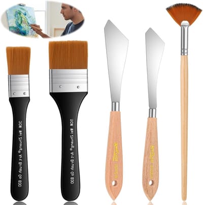 Set van 5 spatels en acrylkwasten, roestvrijstalen spatels en kwasten voor acryl, olie en aquarel schilderen, stencilprojecten en doe-het-zelf knutselen