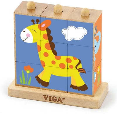 Viga Toys - Stapelblok-puzzel - Wilde Dieren - 9 blokken