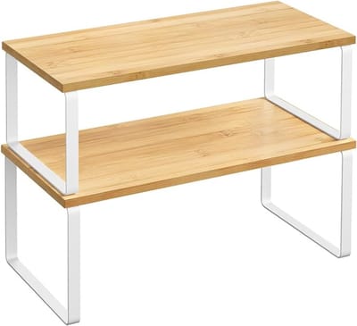 Verte Kruidenrek - Set van 2 Keukenorganizers - Keukenplank - Kastorganizer - Uitbreidbaar - Kleine Plank - Stapelbaar - Metaal en Houtmateriaal - Troebel Wit-Natuurlijk Beige