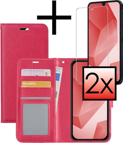 Hoesje - Met 2x Screenprotector - Geschikt voor Samsung Galaxy A16 - Luxe Pasjeshouder - Bookcase Portemonee - Flip Case - Kunstleer Book Case - Flipcase Hoes - Book Cover - Walletcase - Portemonneehoes - Donkerroze