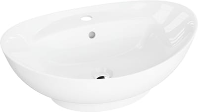 Oval top washbasin with overflow and tap hole - Modern porcelain bathroom sink 59.5 x 39 x 17.5 cm white